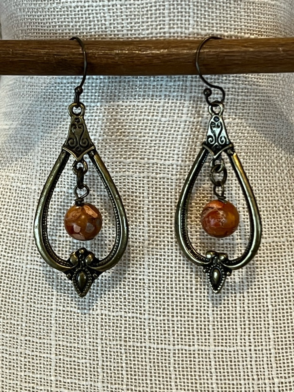 Vintage-Inspired Bronze Teardrop Earrings with Jasper Beads